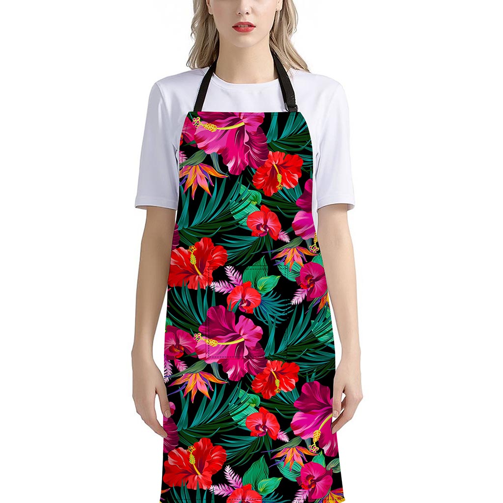 Hawaii Floral Flowers Pattern Print Bib Apron With Pocket