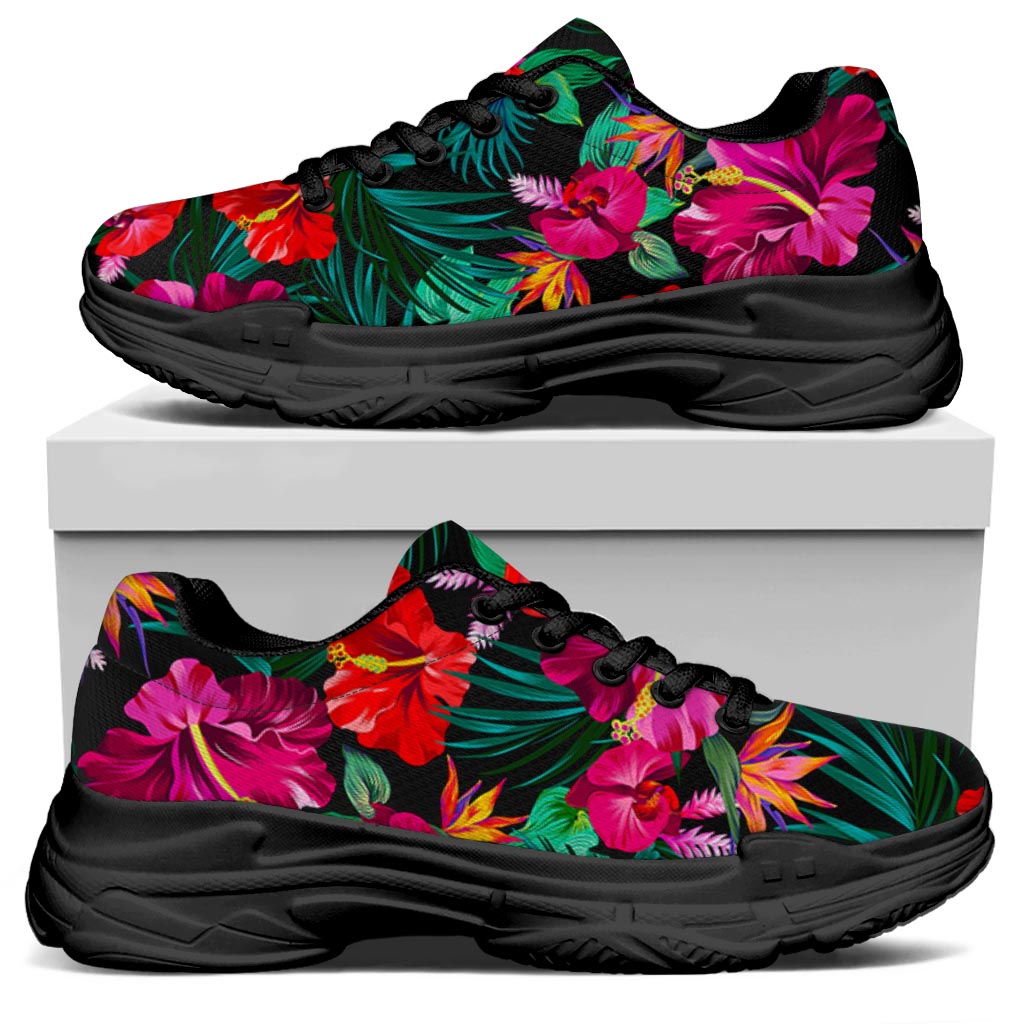 Hawaii Floral Flowers Pattern Print Black Chunky Shoes