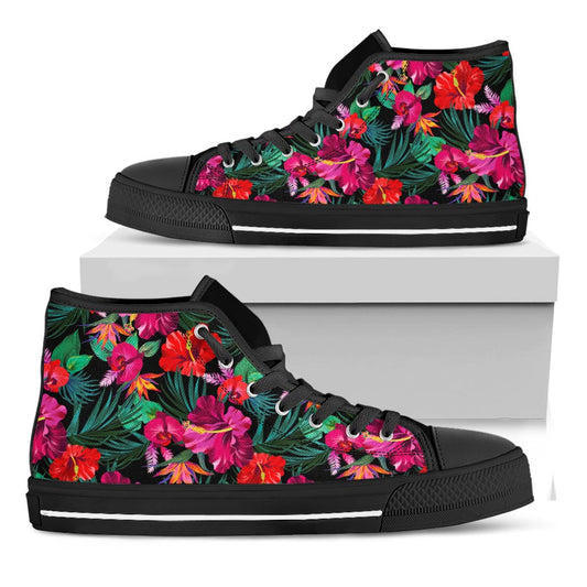 Hawaii Floral Flowers Pattern Print Black High Top Sneakers