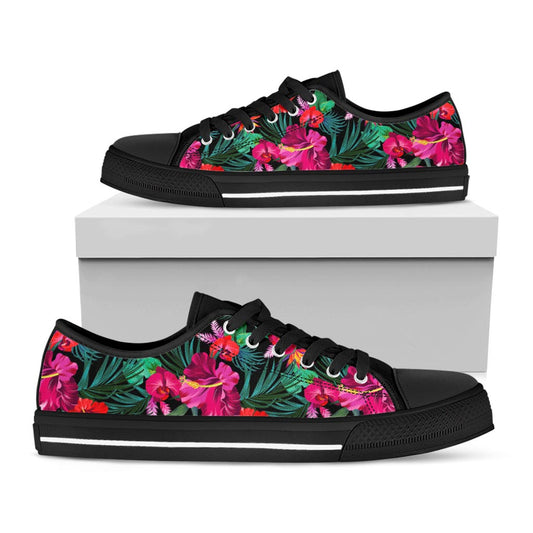 Hawaii Floral Flowers Pattern Print Black Low Top Sneakers
