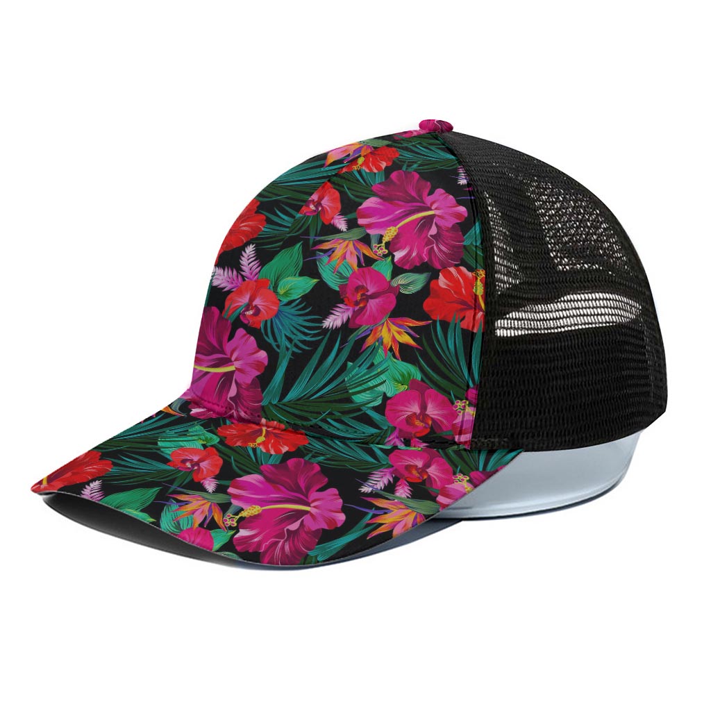Hawaii Floral Flowers Pattern Print Black Mesh Trucker Cap