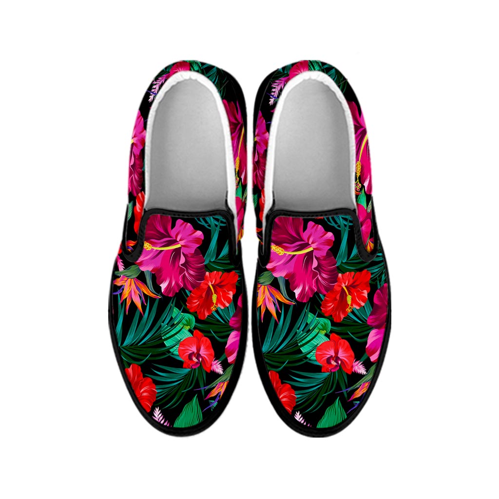 Hawaii Floral Flowers Pattern Print Black Slip On Sneakers