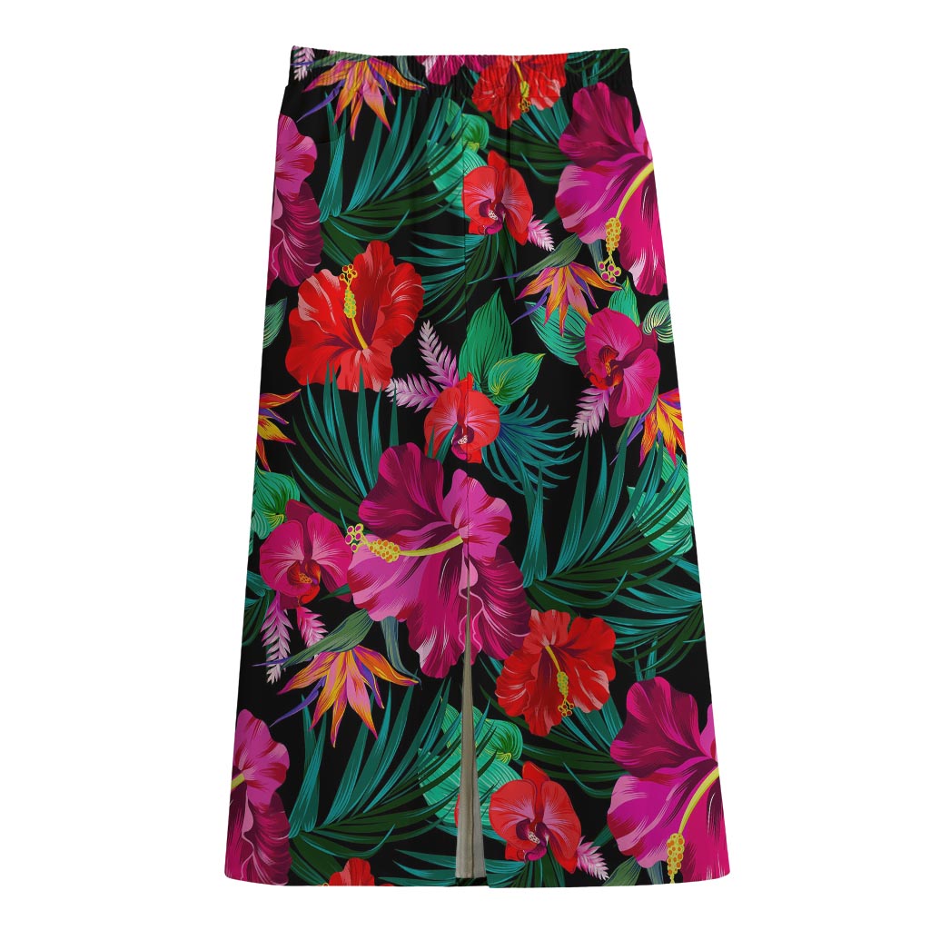 Hawaii Floral Flowers Pattern Print Cotton Front Slit Maxi Skirt