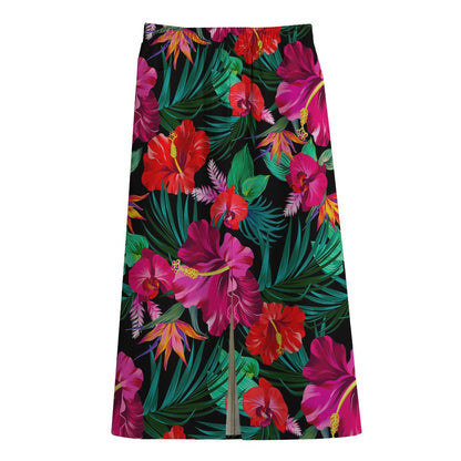 Hawaii Floral Flowers Pattern Print Cotton Front Slit Maxi Skirt
