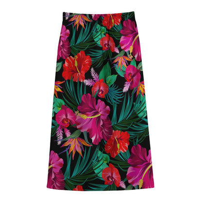 Hawaii Floral Flowers Pattern Print Cotton Front Slit Maxi Skirt