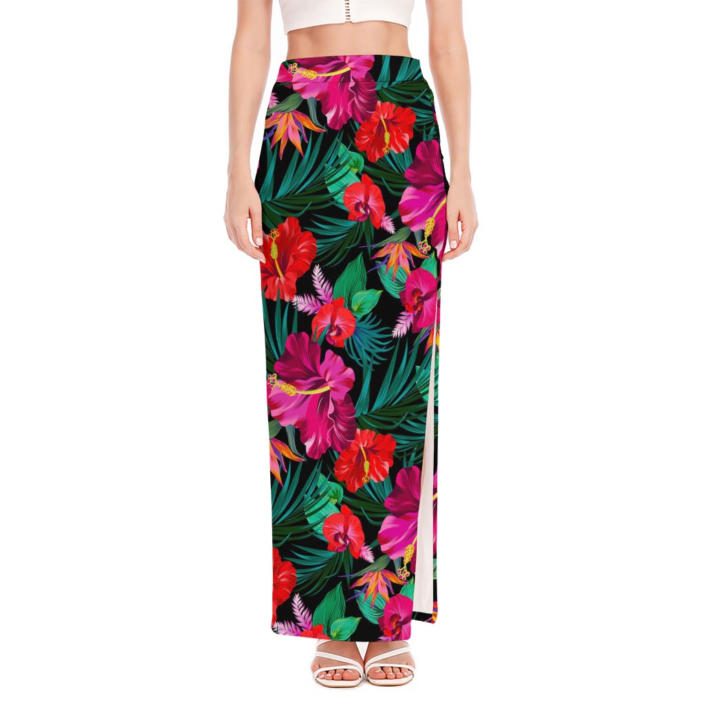 Hawaii Floral Flowers Pattern Print High Slit Maxi Skirt
