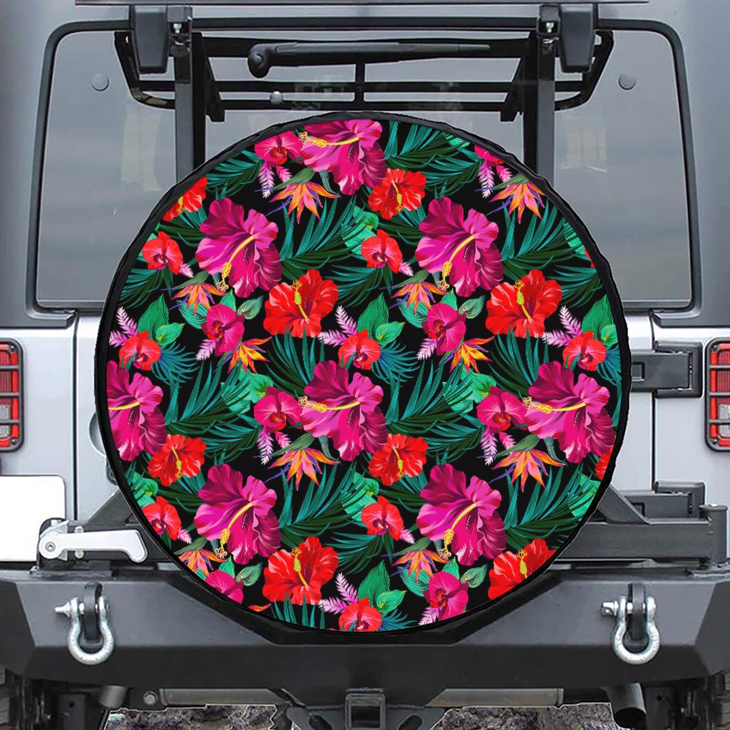 Hawaii Floral Flowers Pattern Print Leather Spare Tire Cover