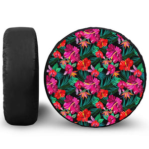 Hawaii Floral Flowers Pattern Print Leather Spare Tire Cover