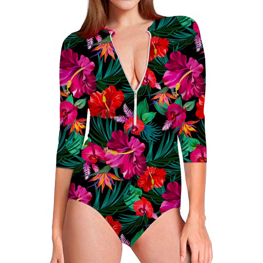 Hawaii Floral Flowers Pattern Print Long Sleeve Swimsuit