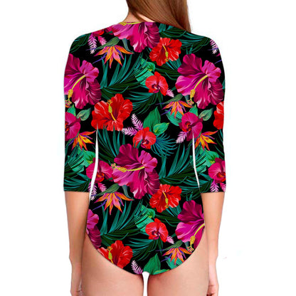 Hawaii Floral Flowers Pattern Print Long Sleeve Swimsuit