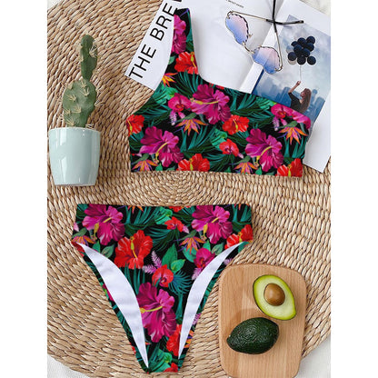 Hawaii Floral Flowers Pattern Print One Shoulder Bikini Top