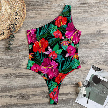Hawaii Floral Flowers Pattern Print One Shoulder Bodysuit