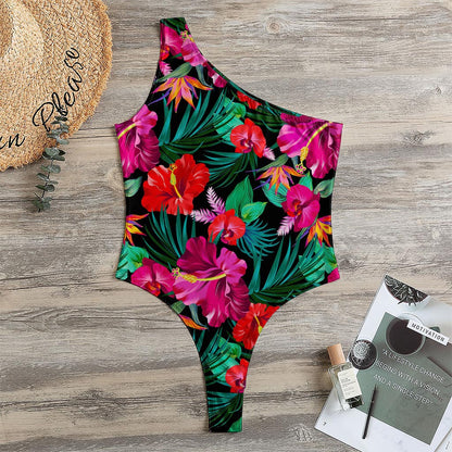 Hawaii Floral Flowers Pattern Print One Shoulder Bodysuit