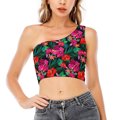 Hawaii Floral Flowers Pattern Print One Shoulder Crop Top