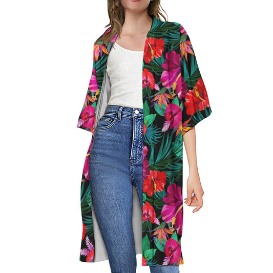 Hawaii Floral Flowers Pattern Print Open Front Beach Cover Up