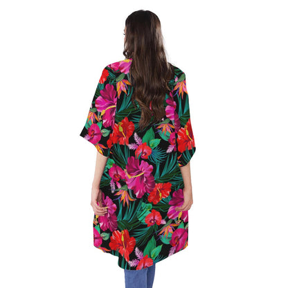 Hawaii Floral Flowers Pattern Print Open Front Beach Cover Up