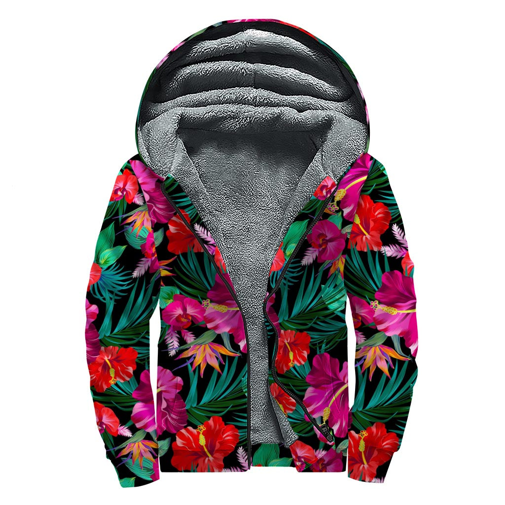 Hawaii Floral Flowers Pattern Print Sherpa Lined Zip Up Hoodie
