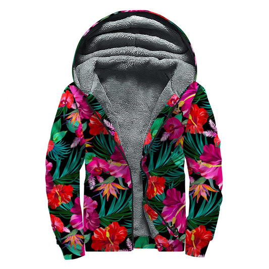 Hawaii Floral Flowers Pattern Print Sherpa Lined Zip Up Hoodie