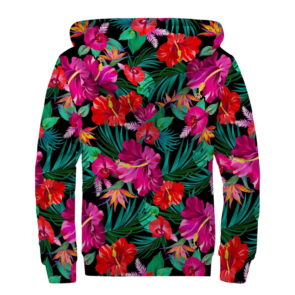 Hawaii Floral Flowers Pattern Print Sherpa Lined Zip Up Hoodie