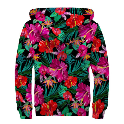 Hawaii Floral Flowers Pattern Print Sherpa Lined Zip Up Hoodie