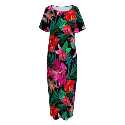 Hawaii Floral Flowers Pattern Print Short Sleeve Long Nightdress