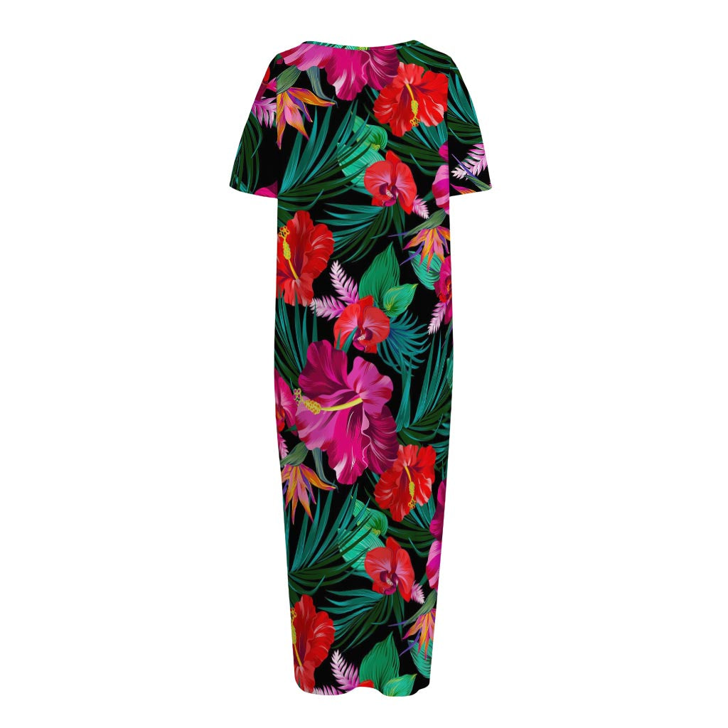 Hawaii Floral Flowers Pattern Print Short Sleeve Long Nightdress