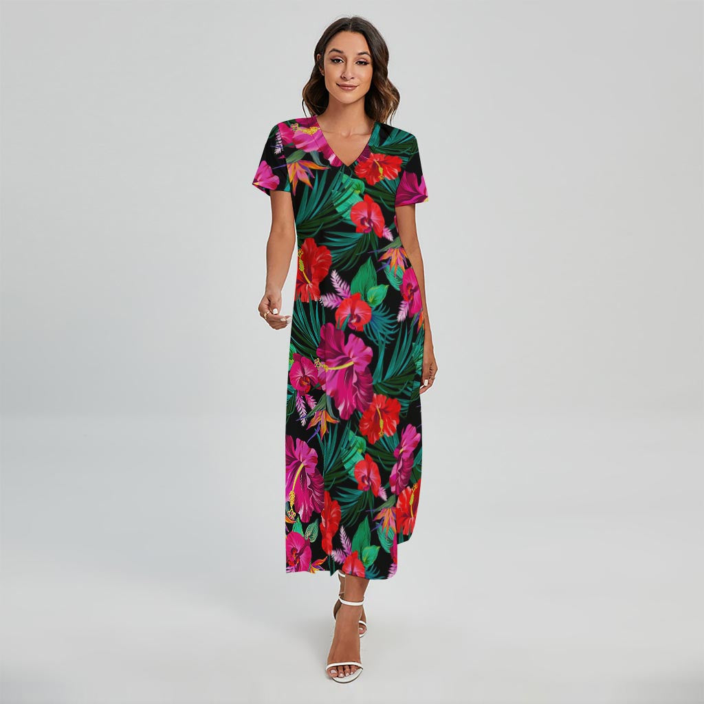 Hawaii Floral Flowers Pattern Print Short Sleeve Maxi Dress