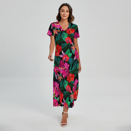 Hawaii Floral Flowers Pattern Print Short Sleeve Maxi Dress