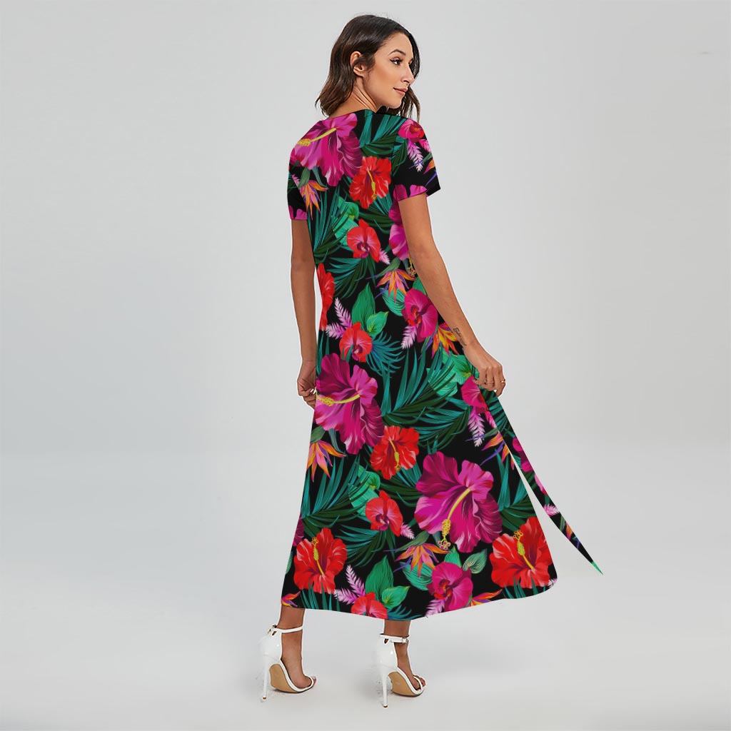 Hawaii Floral Flowers Pattern Print Short Sleeve Maxi Dress
