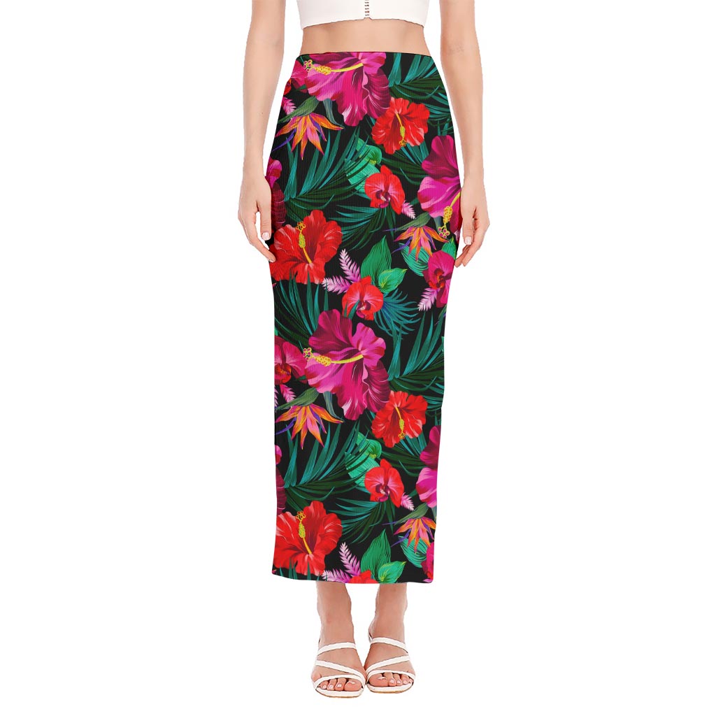 Hawaii Floral Flowers Pattern Print Side Slit Maxi Skirt