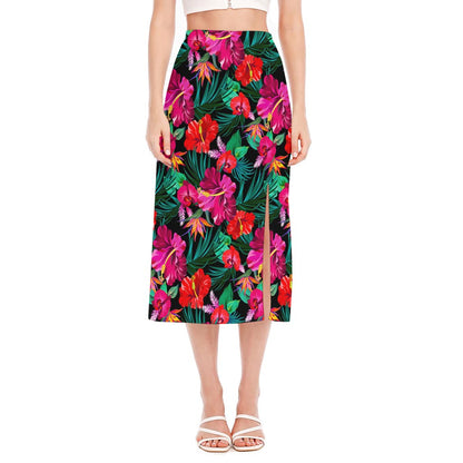 Hawaii Floral Flowers Pattern Print Side Slit Midi Skirt