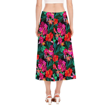 Hawaii Floral Flowers Pattern Print Side Slit Midi Skirt