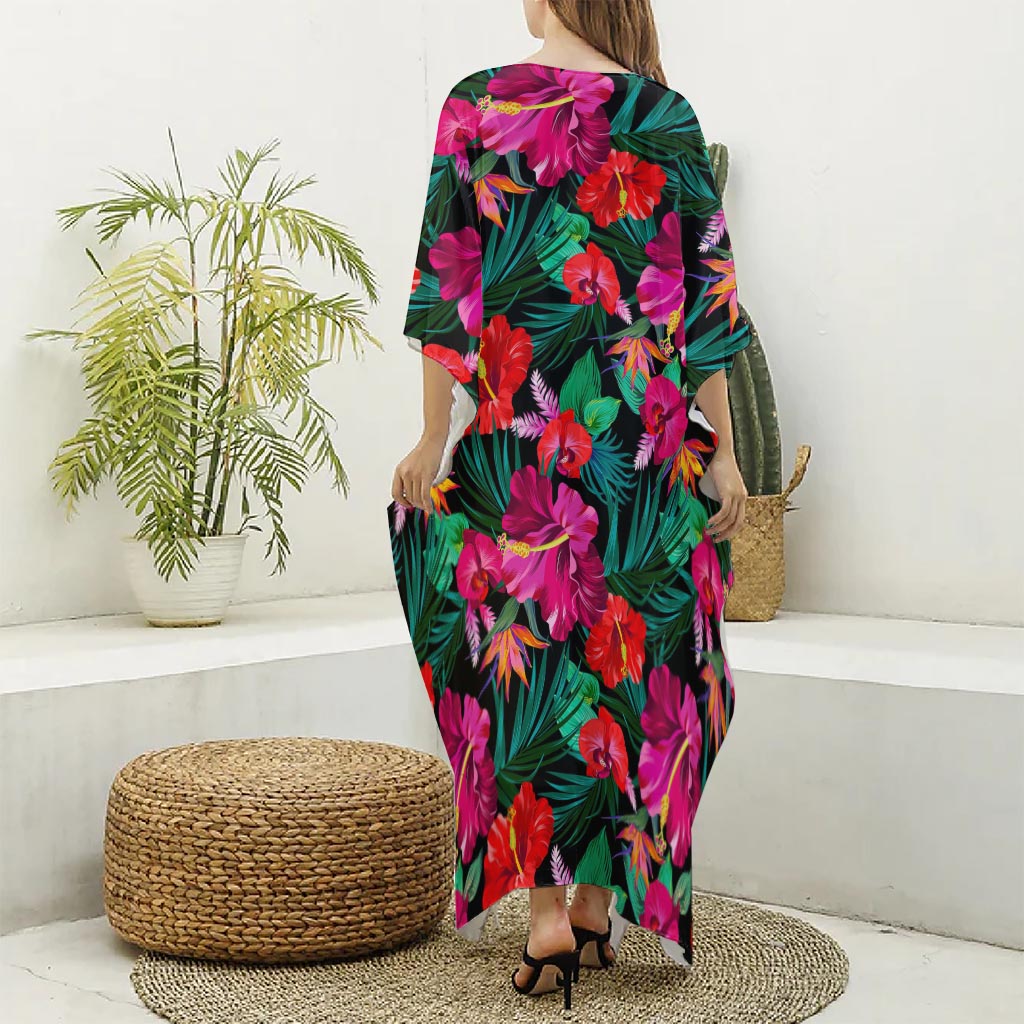 Hawaii Floral Flowers Pattern Print Silk V-Neck Kaftan Dress