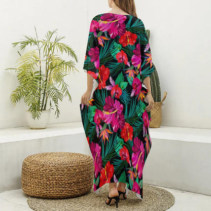 Hawaii Floral Flowers Pattern Print Silk V-Neck Kaftan Dress
