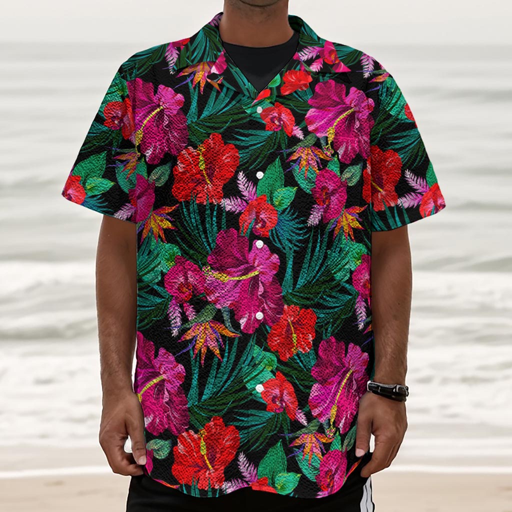 Hawaii Floral Flowers Pattern Print Textured Short Sleeve Shirt