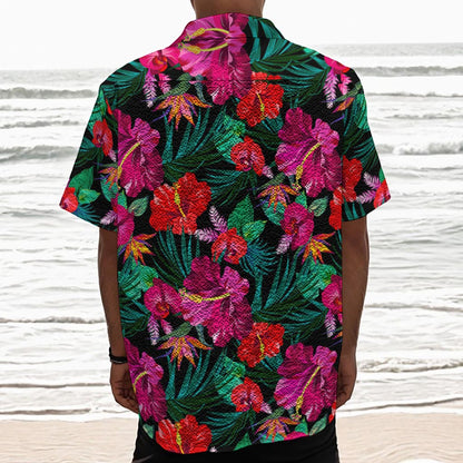 Hawaii Floral Flowers Pattern Print Textured Short Sleeve Shirt