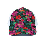 Hawaii Floral Flowers Pattern Print White Mesh Trucker Cap