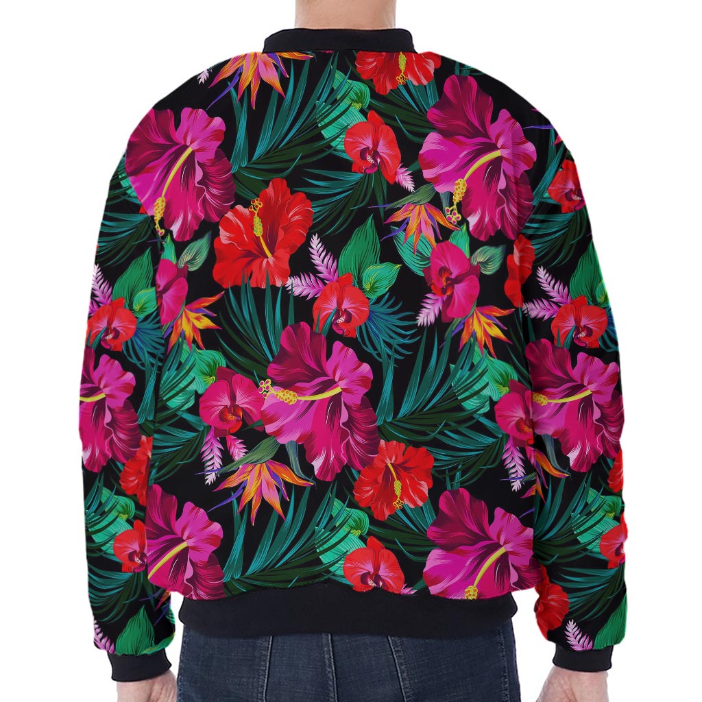 Hawaii Floral Flowers Pattern Print Zip Sleeve Bomber Jacket