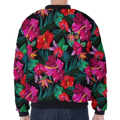 Hawaii Floral Flowers Pattern Print Zip Sleeve Bomber Jacket