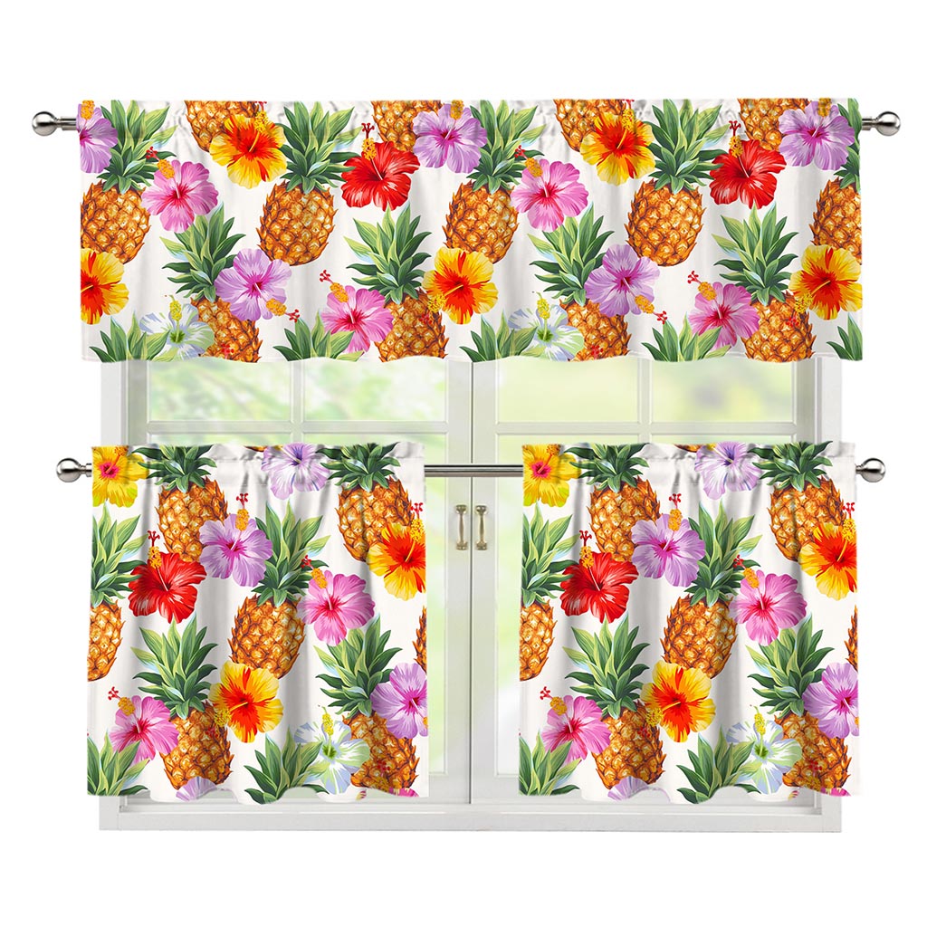 Hawaii Hibiscus Pineapple Pattern Print 3 Piece Kitchen Curtains