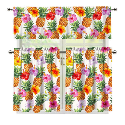 Hawaii Hibiscus Pineapple Pattern Print 3 Piece Kitchen Curtains