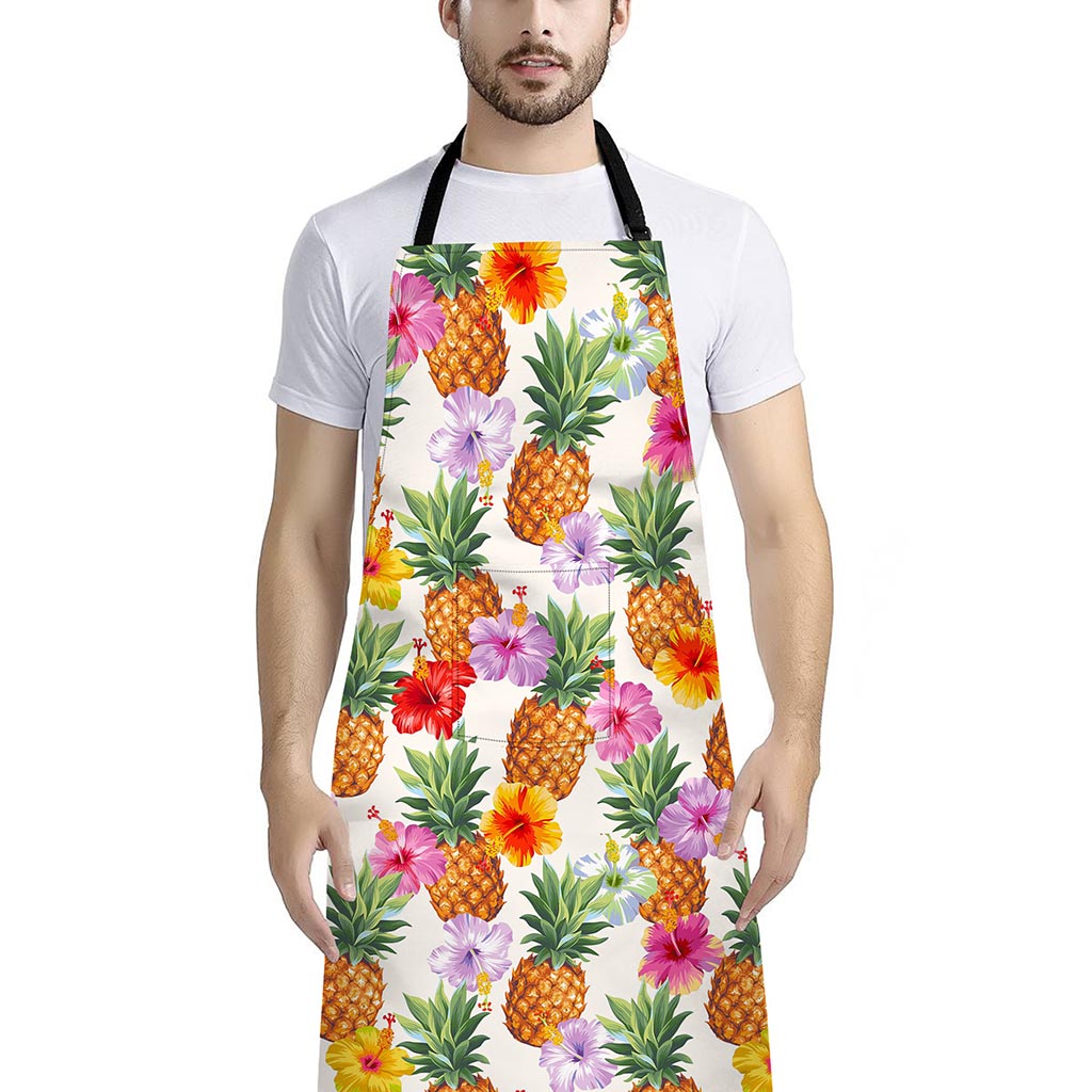 Hawaii Hibiscus Pineapple Pattern Print Bib Apron With Pocket