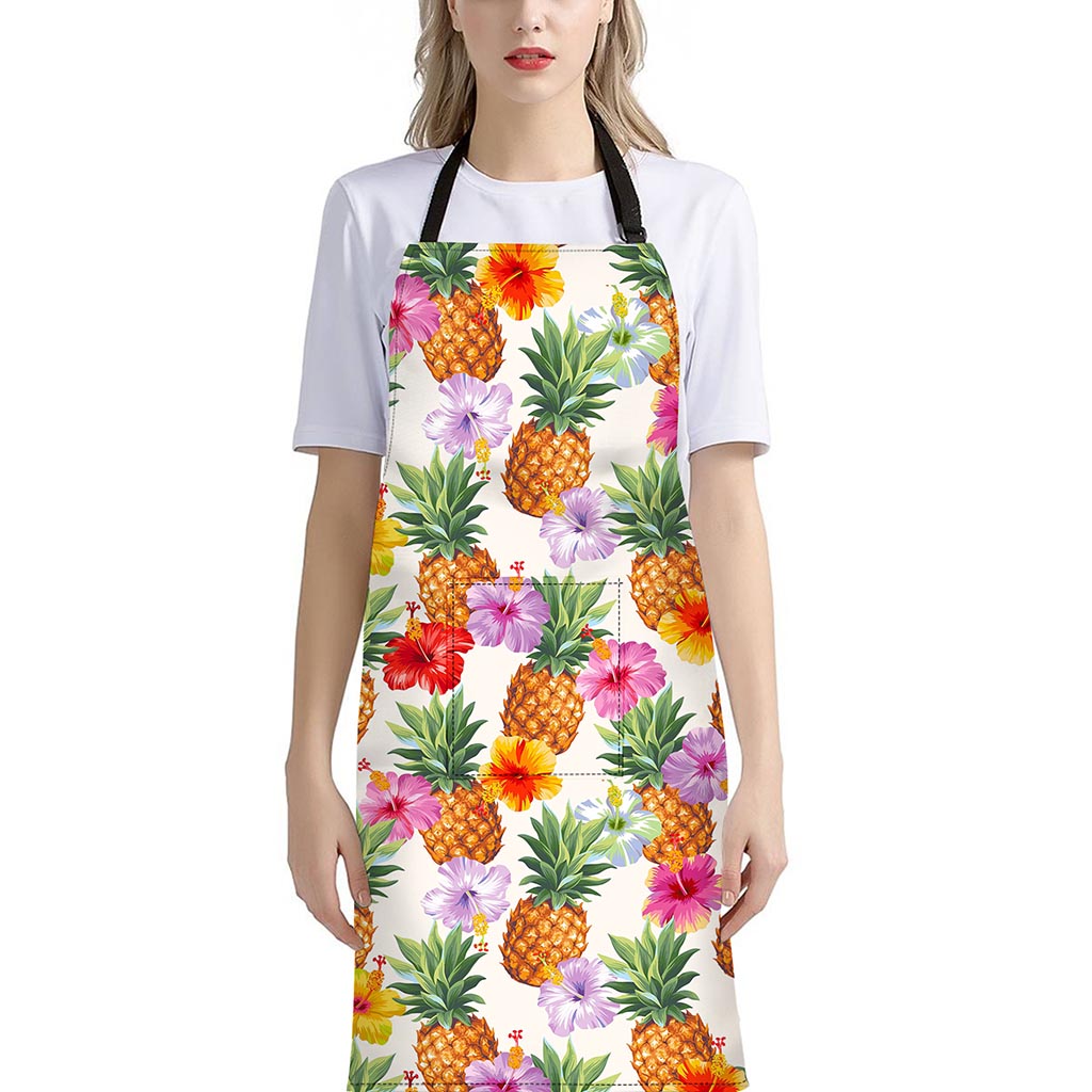Hawaii Hibiscus Pineapple Pattern Print Bib Apron With Pocket
