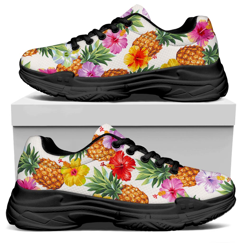 Hawaii Hibiscus Pineapple Pattern Print Black Chunky Shoes