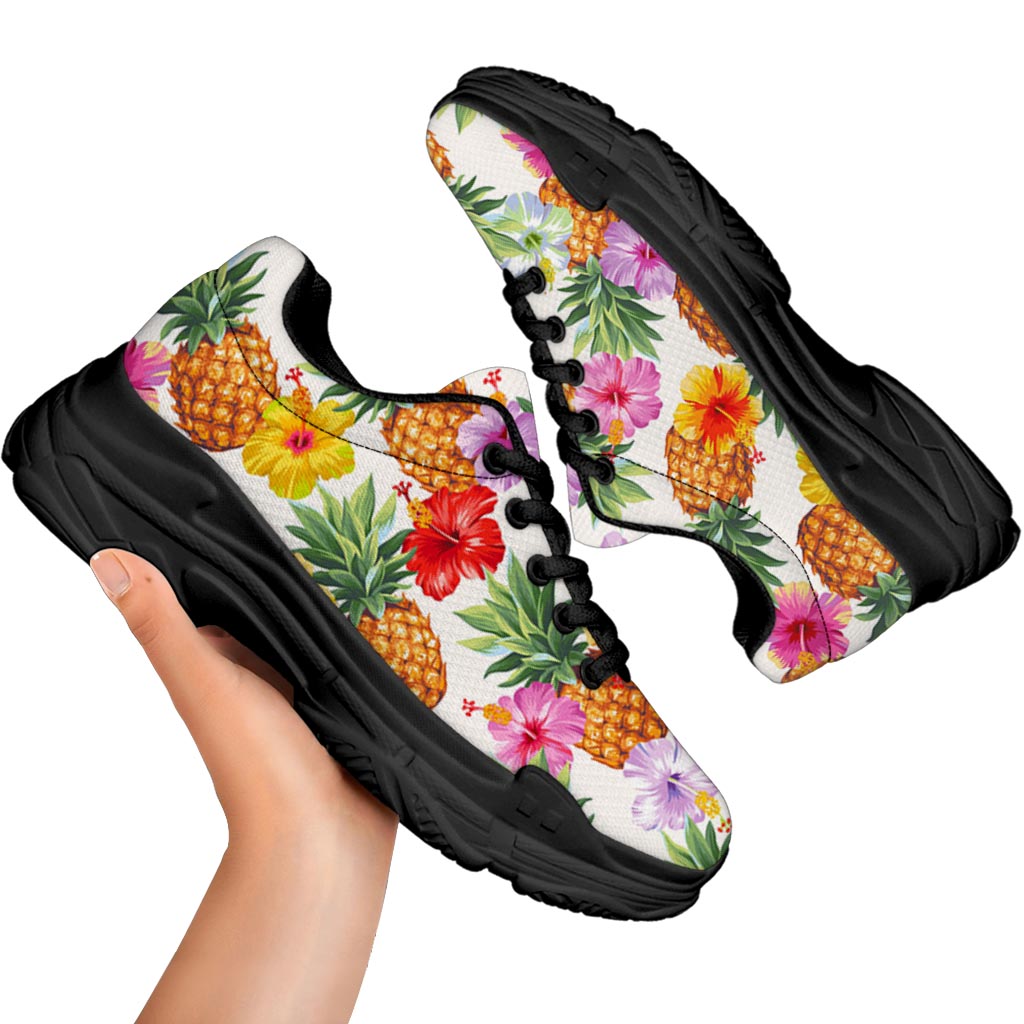 Hawaii Hibiscus Pineapple Pattern Print Black Chunky Shoes