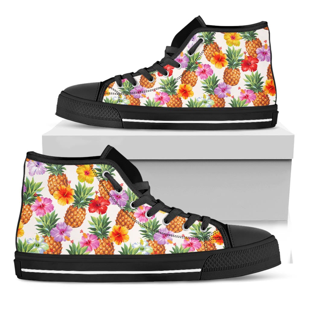 Hawaii Hibiscus Pineapple Pattern Print Black High Top Sneakers