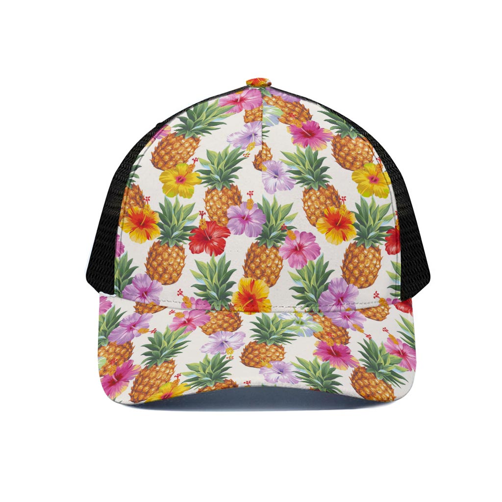 Hawaii Hibiscus Pineapple Pattern Print Black Mesh Trucker Cap