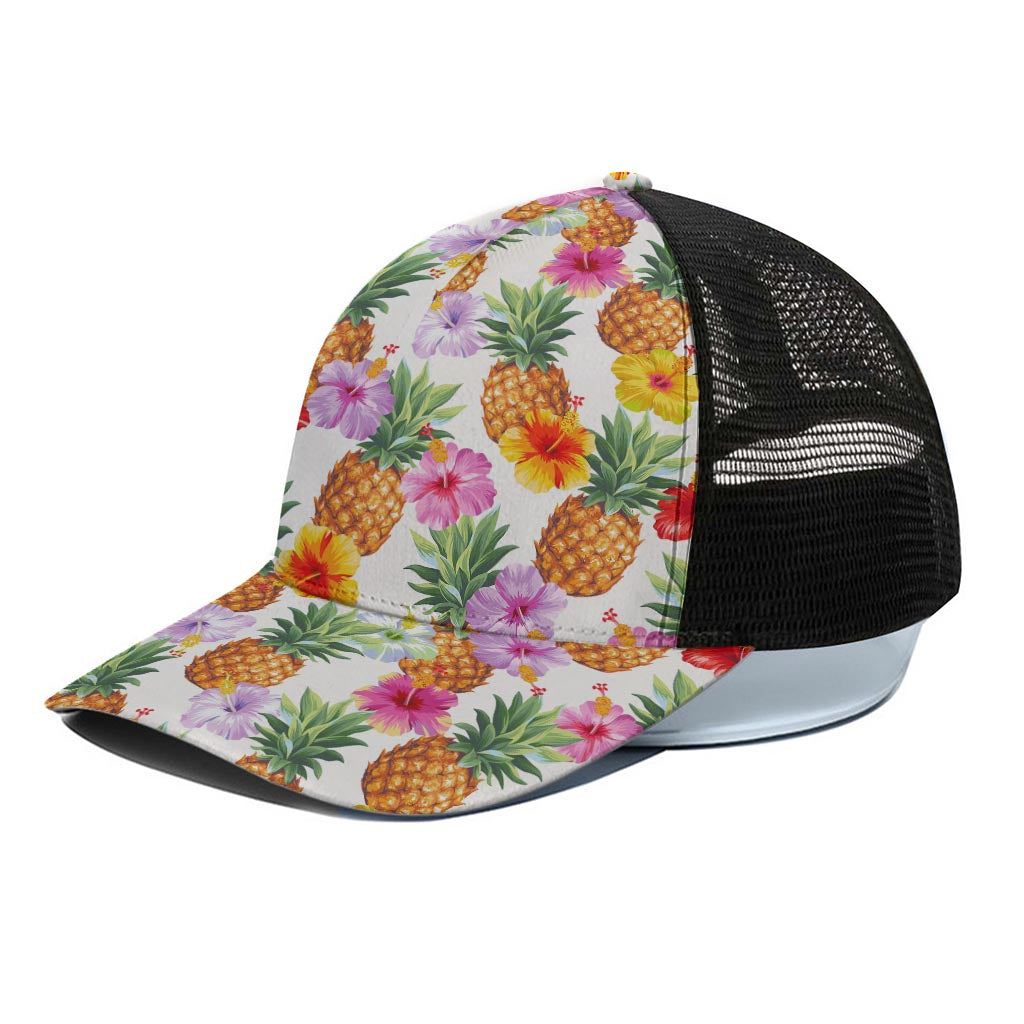 Hawaii Hibiscus Pineapple Pattern Print Black Mesh Trucker Cap