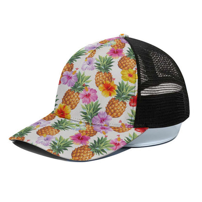 Hawaii Hibiscus Pineapple Pattern Print Black Mesh Trucker Cap