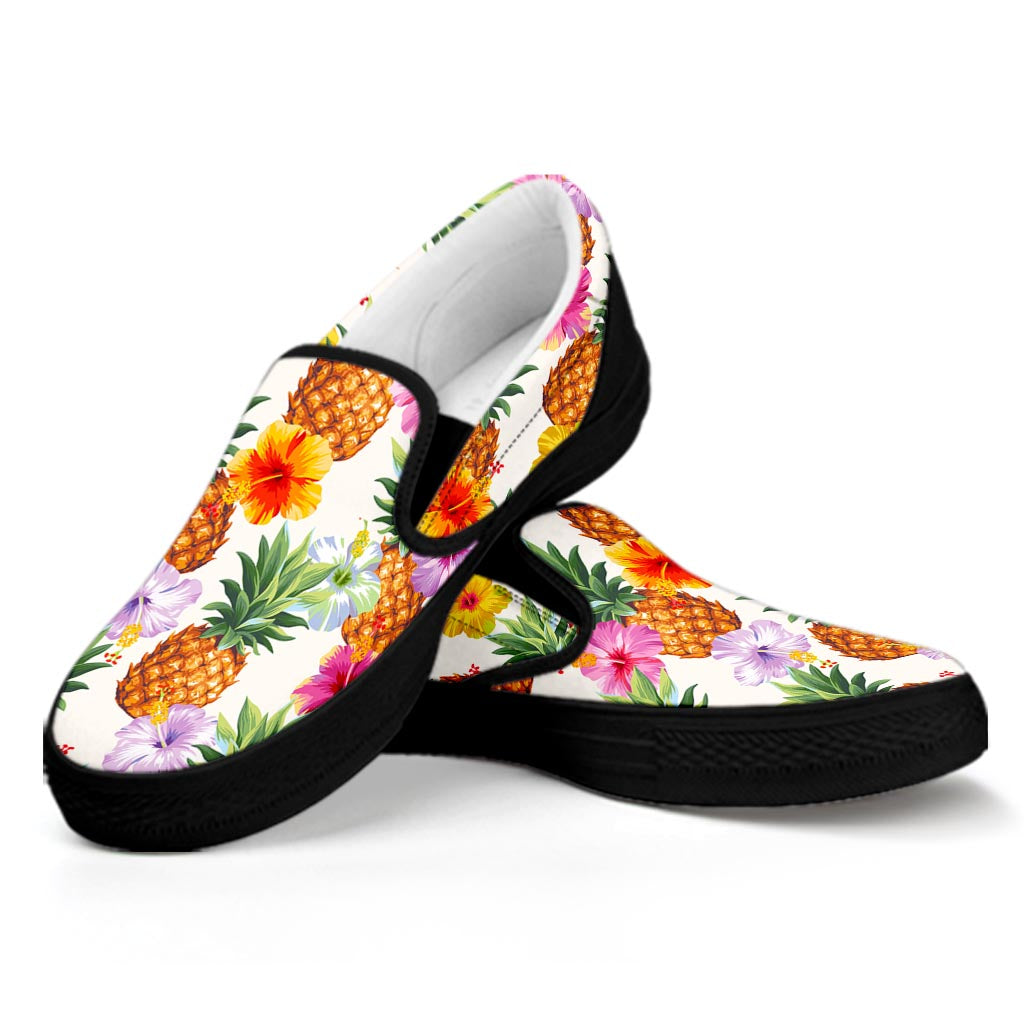 Hawaii Hibiscus Pineapple Pattern Print Black Slip On Sneakers